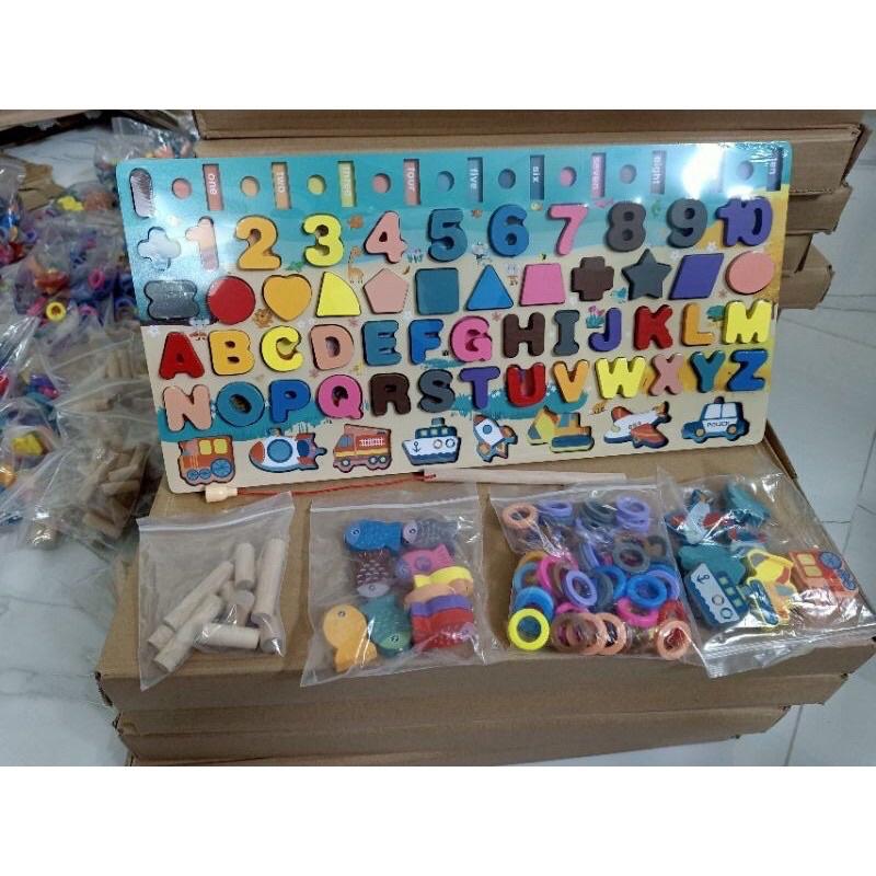 MONTESSORI Cao Cấp Bảng Gỗ Ghép Hình + Câu Cá Cho Bé 6 in 1