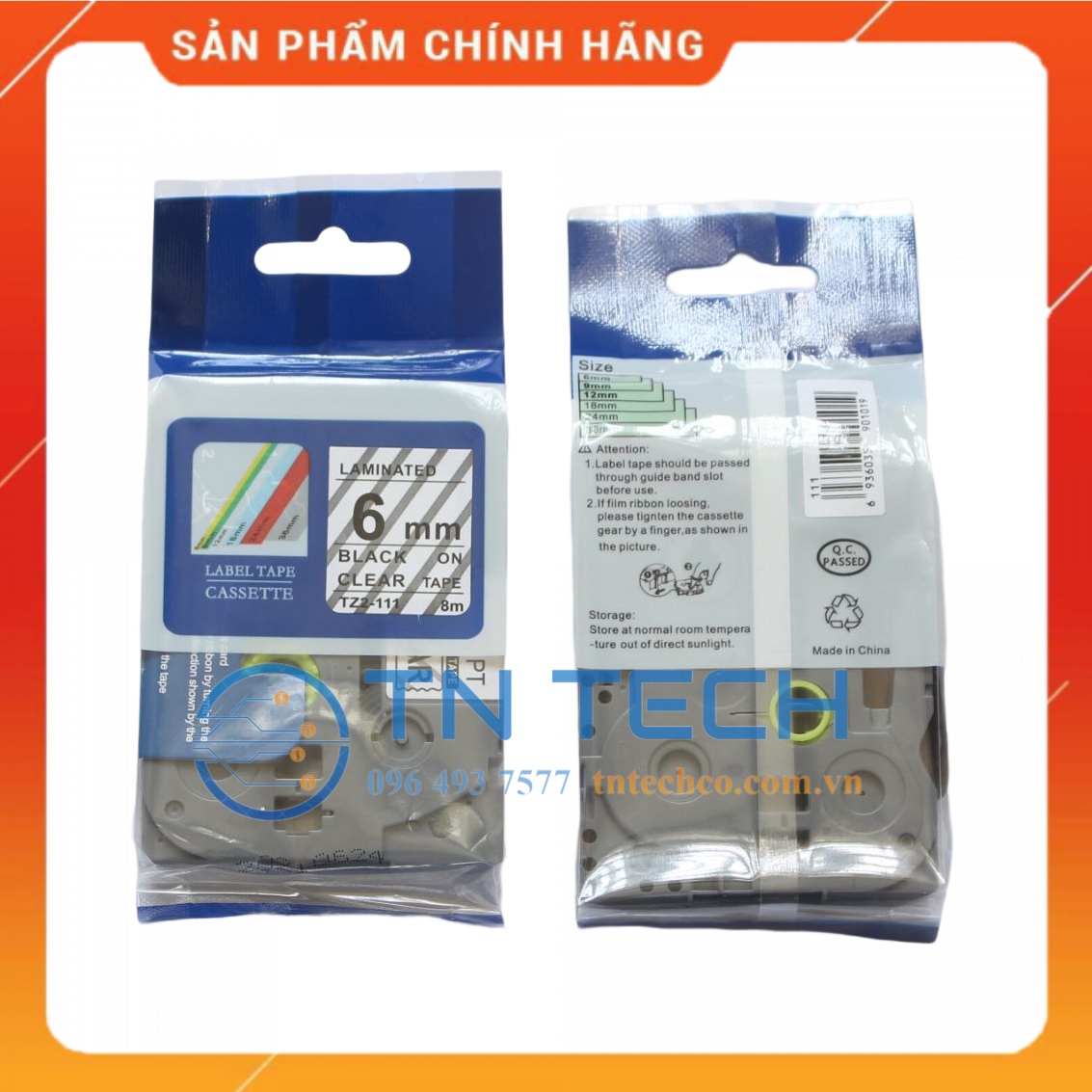 Nhãn In Tz2-111 - Đen nền trong 6mm x 8m - Dùng cho máy in BROTHER - AIMO - PUTY [Hàng nhập khẩu]