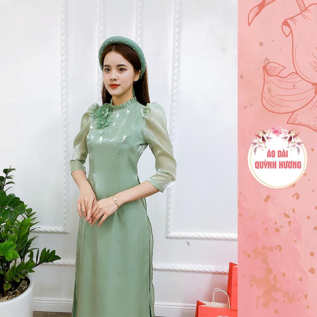 Áo dài voan tơ tay bồng lỡ cổ xếp đính hoa 3D màu xanh mint