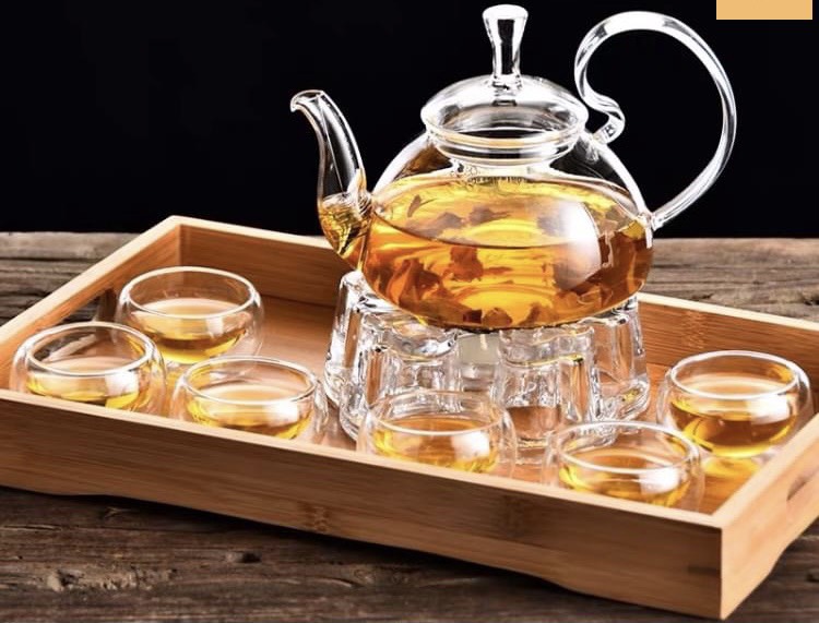 BỘ ẤM CHÉN PHA TRÀ THỦY TINH GỒM 1 ẤM, 6 CỐC, 1 ĐẾ CHÂM NẾN, 1 KHAY TRE VD27