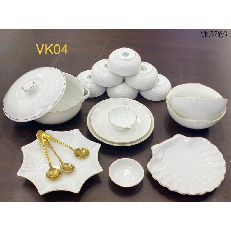 Bộ bát đĩa 15-17 món, men trắng ngọc, viền vẽ vàng kim. Gốm sứ Bát Tràng