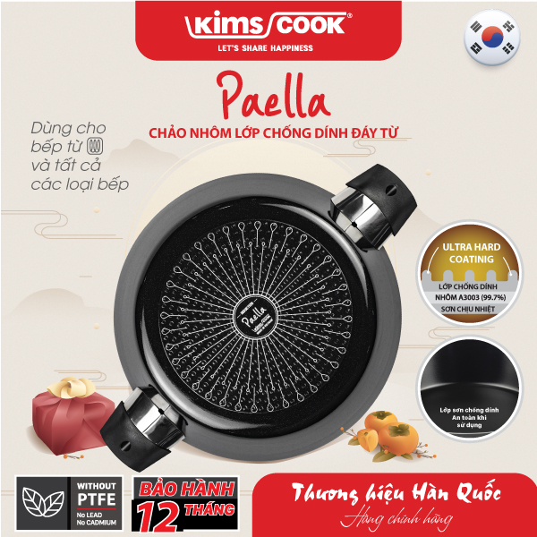 Chảo Paella đáy từ hợp kim nhôm chống dính Kims Cook