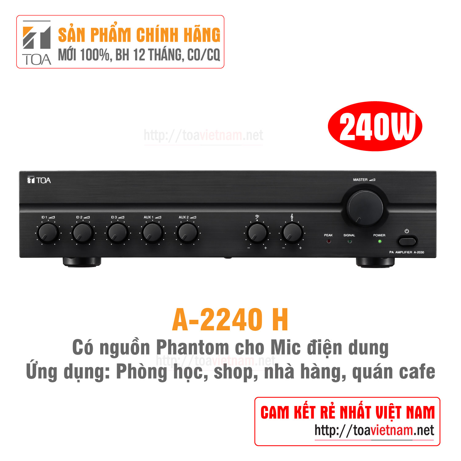 Tăng âm, amply phát nhạc nền, thông báo cho nhà hàng, quán cafe, shop, hội trường công suất 240W: TOA A-2240 - Hàng chính hãng