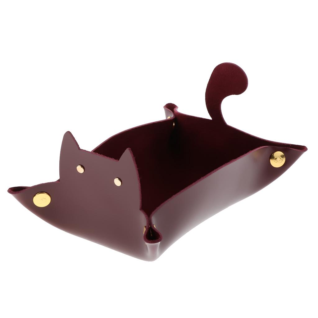 Cartoon Cat Key Storage Tray Change Organizer PU Leather Catchall  Red