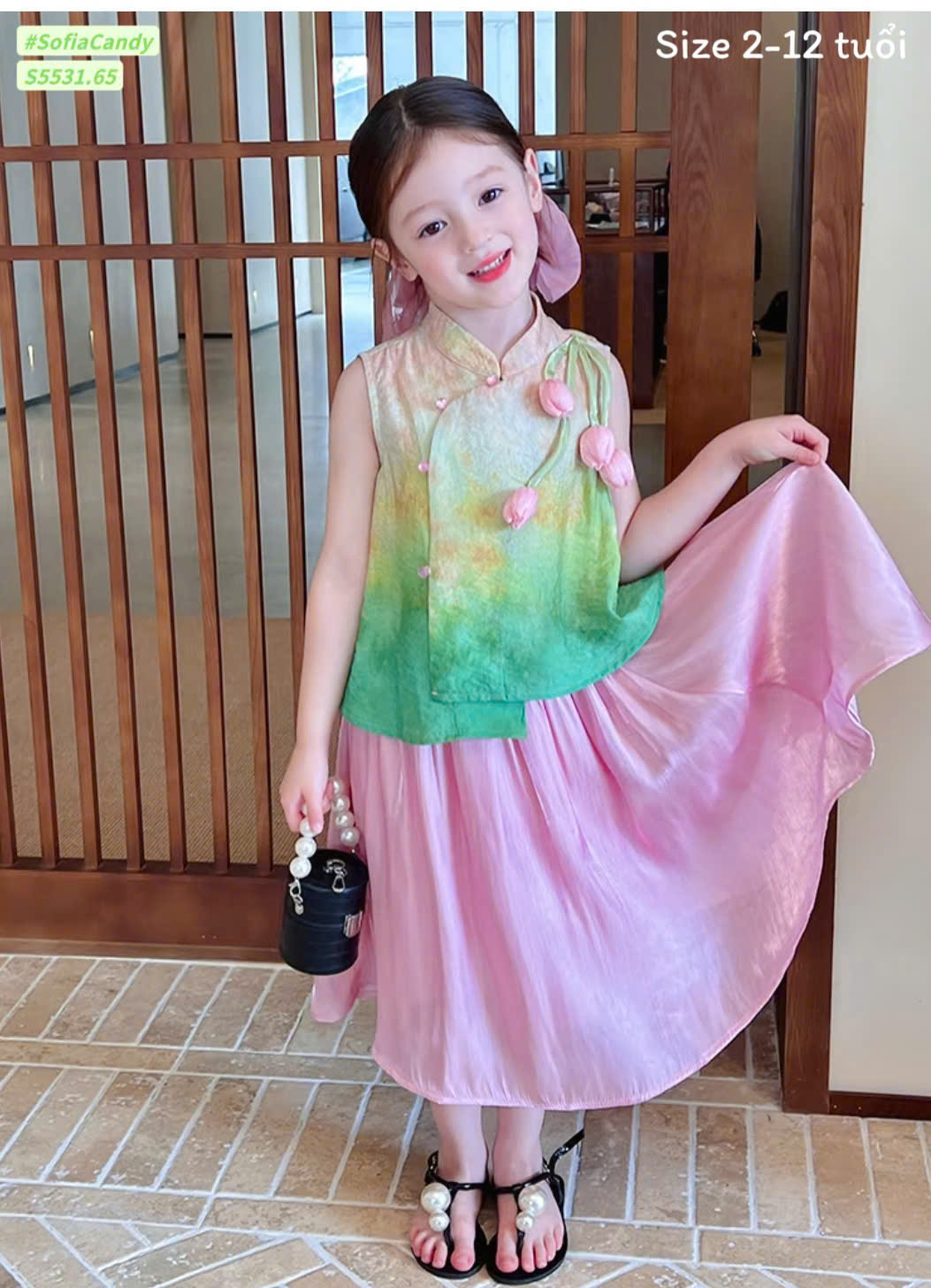 set váy đầm sườn xám cho bé gái diện tết năm mới 10-40kg lụa mềm mát hoa nổi