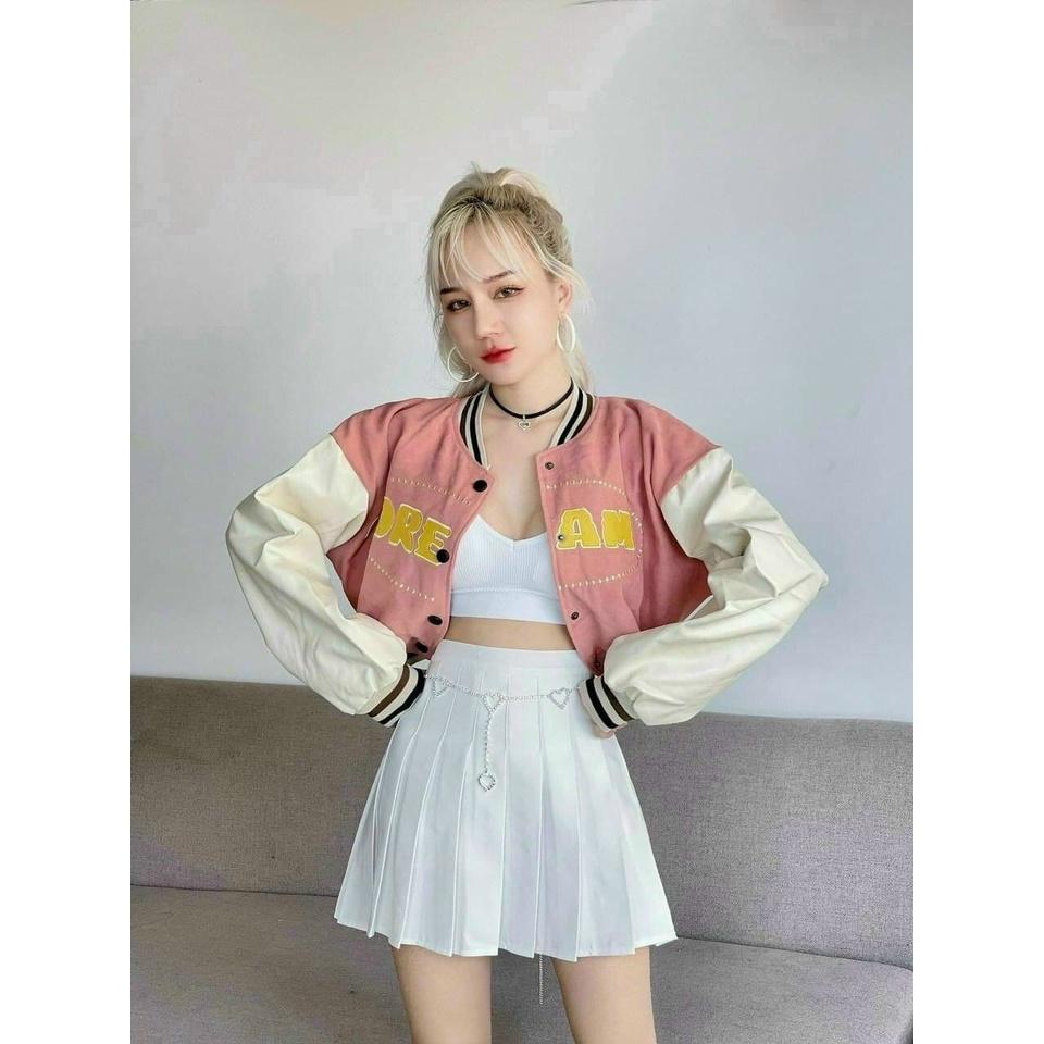 Áo khoác nữ chất da lộn 2 lớp cao cấp kiểu dáng bomber croptop LOGO thêu chữ nổi DREAM