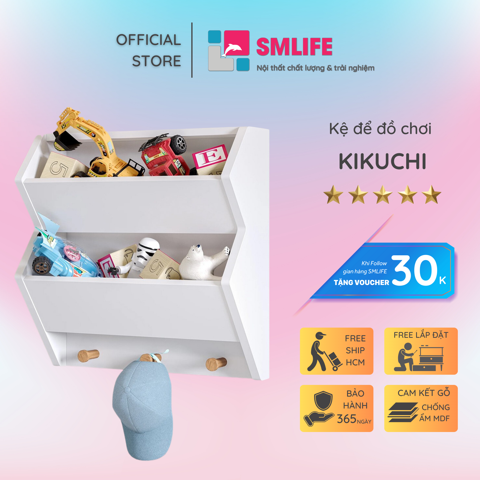 Kệ để đồ chơi cho bé SMLIFE Kikuchi | Gỗ MDF dày 17mm chống ẩm | D45xR18xC45cm