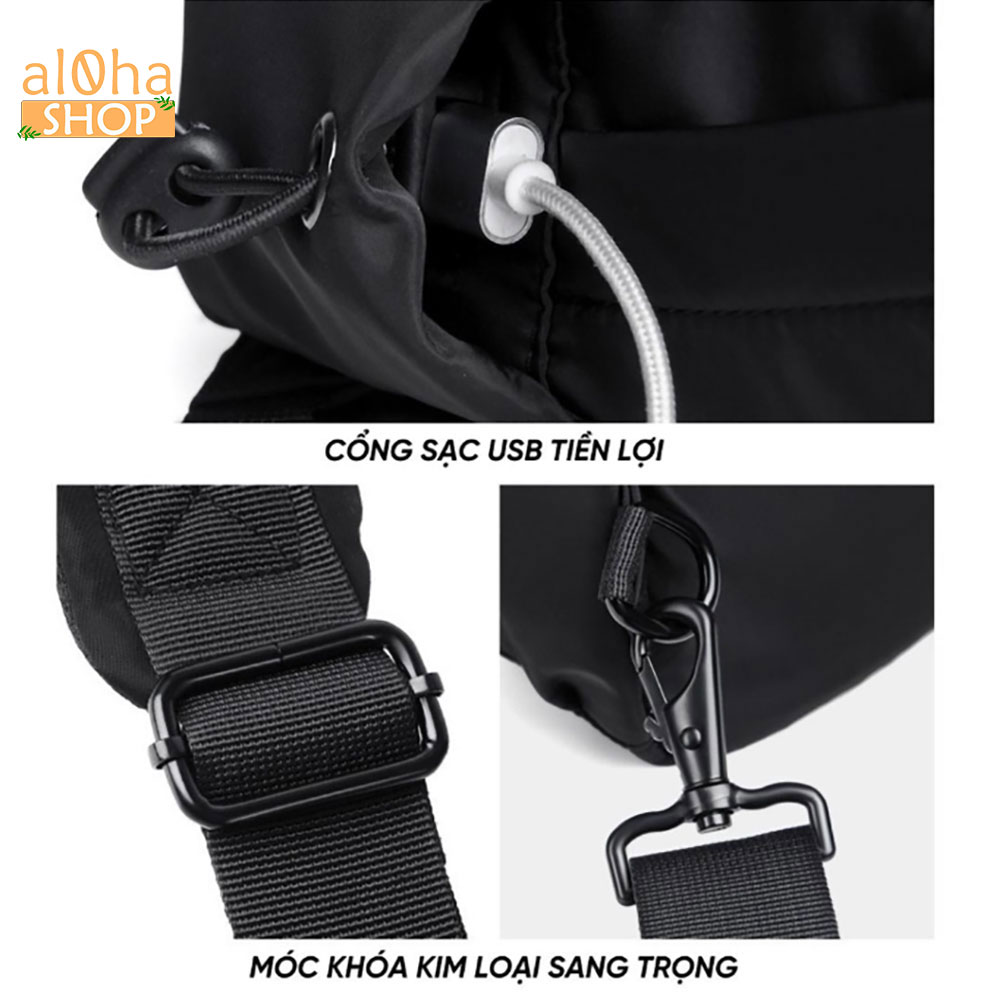 Túi đeo chéo vải Polyester Basic chống nước, tích hợp dây sạc USB unisex nam nữ - al0ha Shop