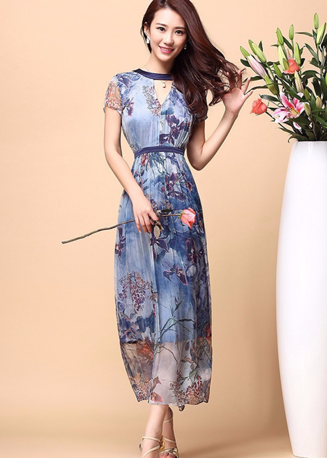Đầm Nữ Maxi Cổ Khoét Họa Tiết