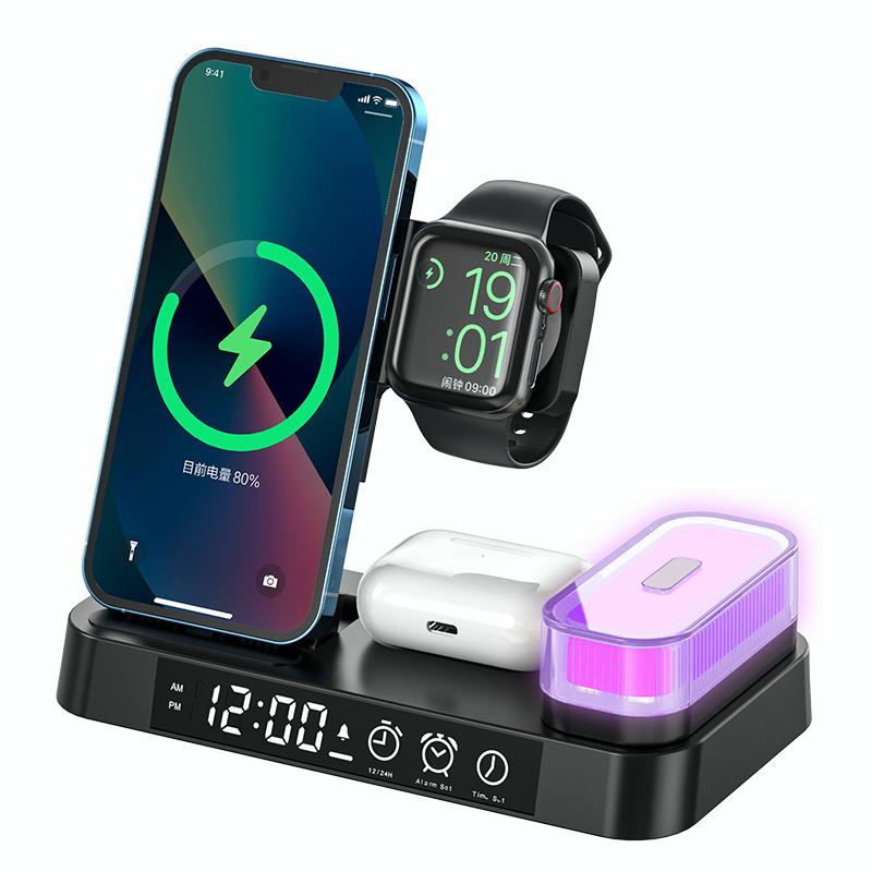 AD3053 - Bộ sạc không dây từ tính 5 món trong 1 gồm Đế sạc - Đồng hồ báo thức - Đèn ngủ - Sạc Điện Thoại - Sạc tai phone