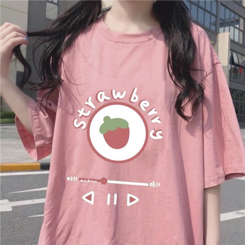 Áo Thun Tay Lỡ Form Rộng Unisex Nam Nữ Phong Cách Hàn Quốc Ulzzang STRAWBERRY Quả Dâu Tây