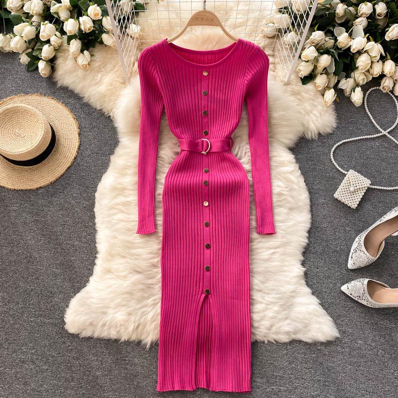 SINGREINY Nữ Thun Đầm Dệt Kim Tay Dài Cổ Tròn Nút Dây Mỏng Vỏ Áo Thu Gợi Cảm Bodycon Chia Đầm Ngắn
