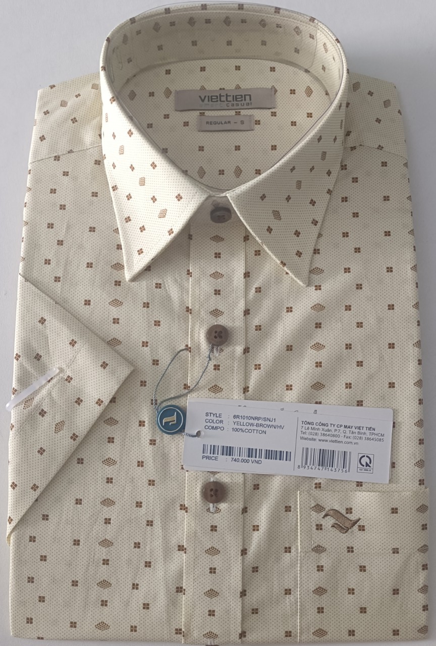 Viettien Áo sơ mi nam Việt Tiến ngắn tay vạt ngang, xẻ sườn Smart Casual Mã 6R1010 NRP/SNJ1 , 100% Cotton