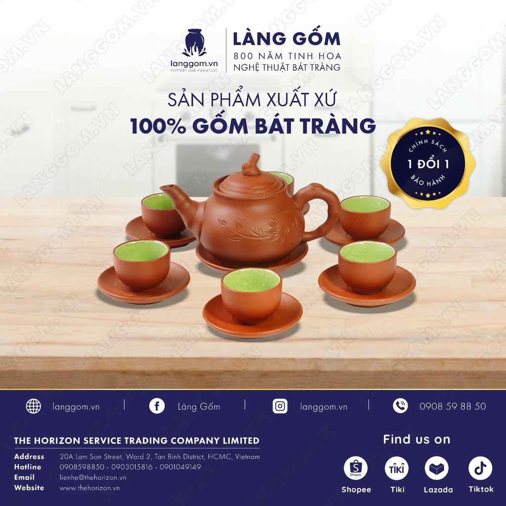 Bộ ấm chén đất nung khắc trúc nhỏ + khay tròn - Men mộc - Gốm sứ Bát Tràng - langgom.vn