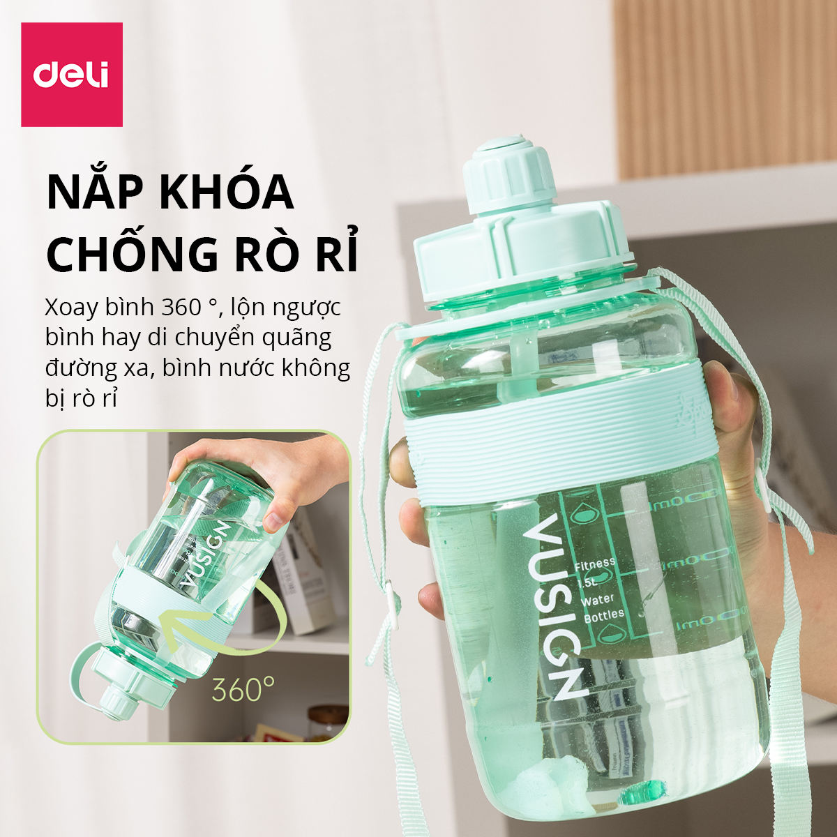 Bình Đựng Nước 1.5L Bao Bì Dễ Thương Có Vạch Báo Giờ Uống Nước Chia Lượng Nước Kèm Ống Hút Có Quai Đeo Chéo Deli - Nhựa Cao Cấp An Toàn Đầy Đủ Kiểm Định Chất Lượng Phủ Hợp Bình Nước Thể Thao Cho Bé Tới Trường - VS820