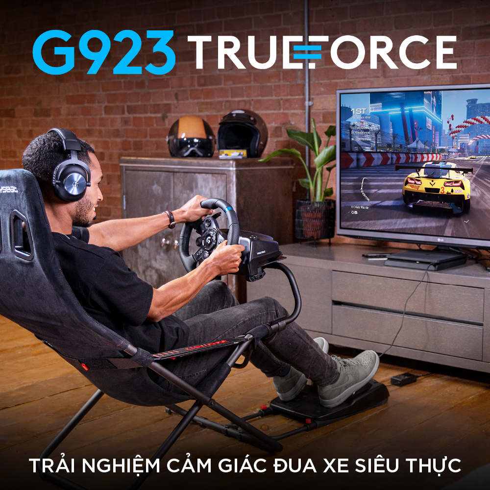 Bộ vô lăng & bàn đạp chơi game đua xe Logitech G923 - Phản hồi lực TRUEFORCE, tay cầm bọc da cao cấp, tương thích PS5, PS4, PC, Mac - Hàng Chính Hãng