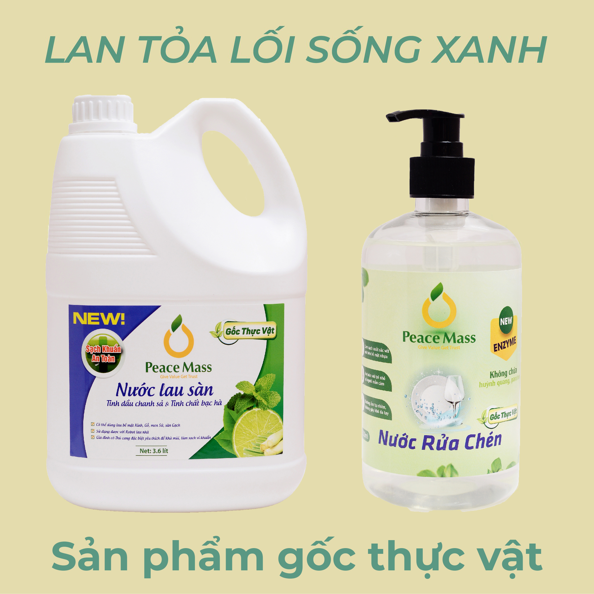 Combo Sản Phẩm Gốc Thực Vật LSB1 Peace Mass - Nước Lau Sàn TD Chanh Sả - Bạc Hà 3.6l + Nước Rửa Chén 500ml
