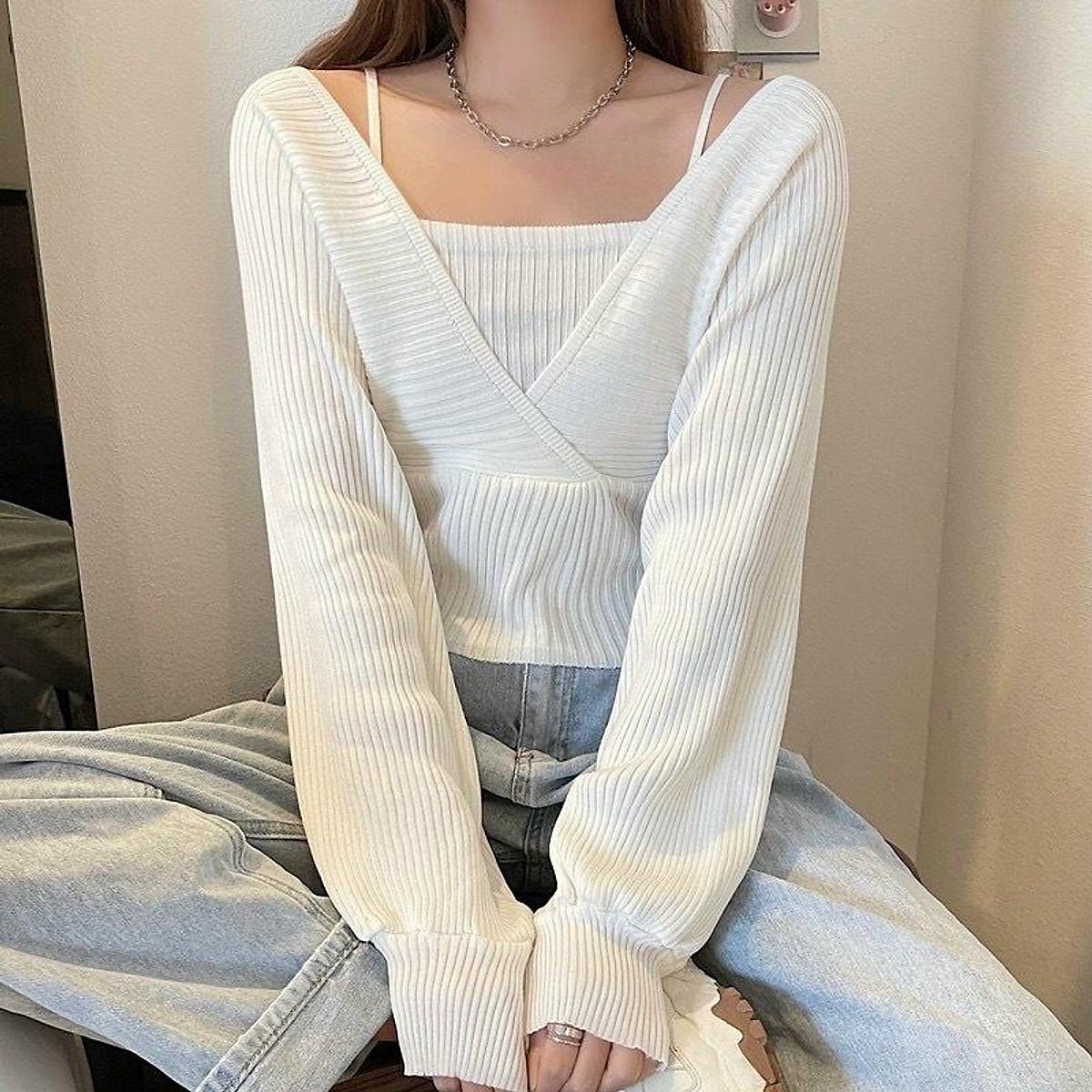 Áo Thun Nữ Dệt Kim Dài Tay Cổ Yếm Cho Nữ Dưới 55Kg Kiểu Dáng Thời Trang
