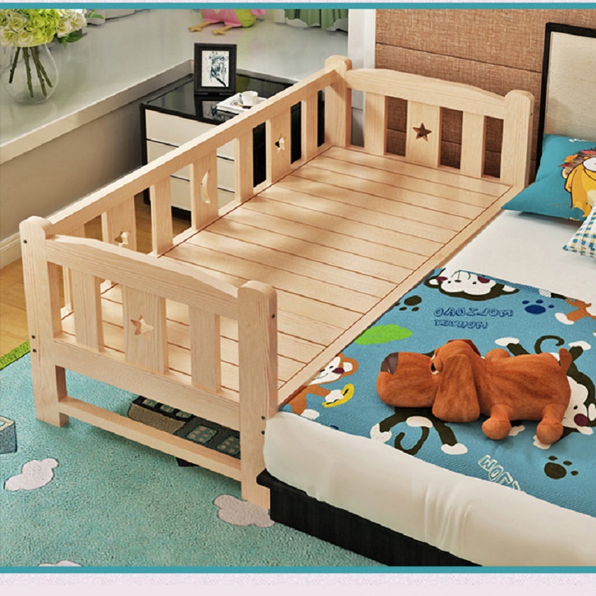 Giường ngủ cho bé chất liệu gỗ thông size 1m28 quây 3 mặt ghép cạnh giường ba mẹ tặng kèm hộp bút màu nước.