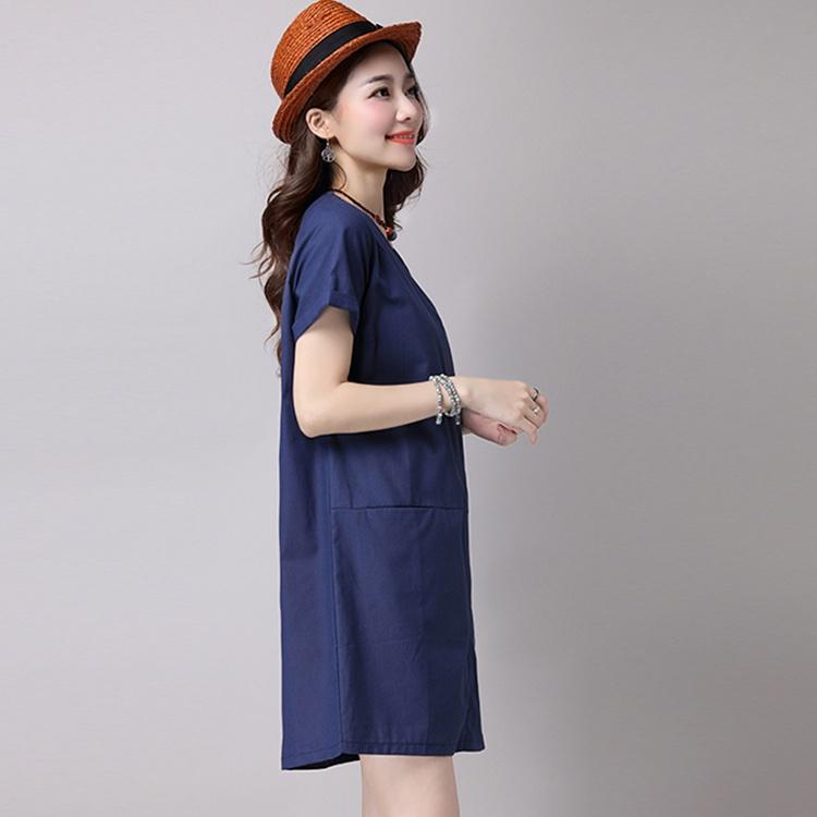 Đầm suông đũi cổ tròn 2 túi trước, thời trang phong cách trẻ - Xanh than