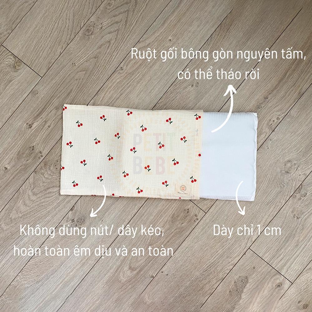 Gối mỏng lót đầu bé sơ sinh PETIT BEBE muslin thấm hút thoáng khí hoạ tiết cherry xinh xắn