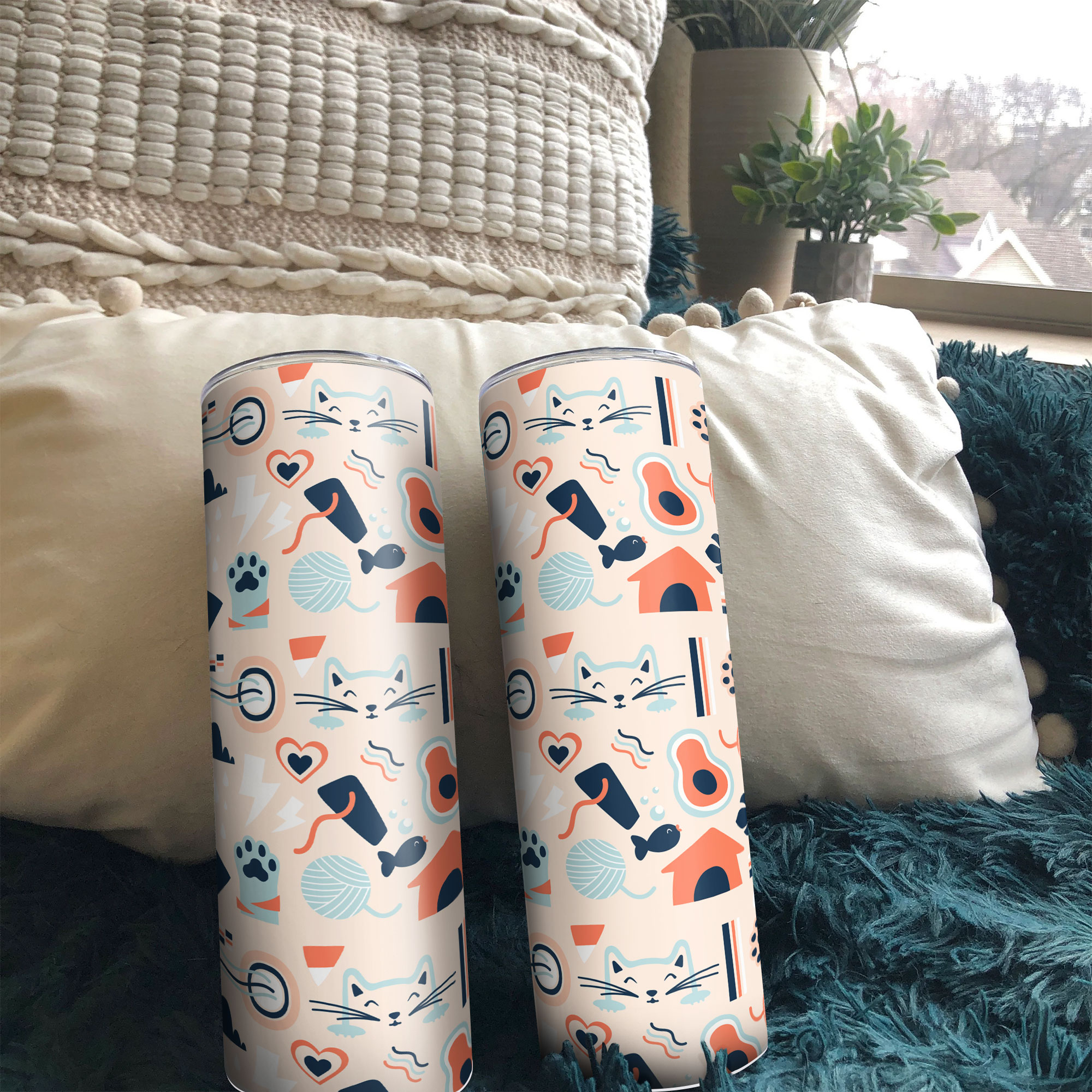 Bình Giữ Nhiệt Cute In Hình Mèo Trừu Tượng - Cốc Giữ Nhiệt In Hình Mèo Trừu Tượng - Bình Nước Giữ Nhiệt Hình Mèo 2 Lớp Thép Không Gỉ SUS304 - 600ml