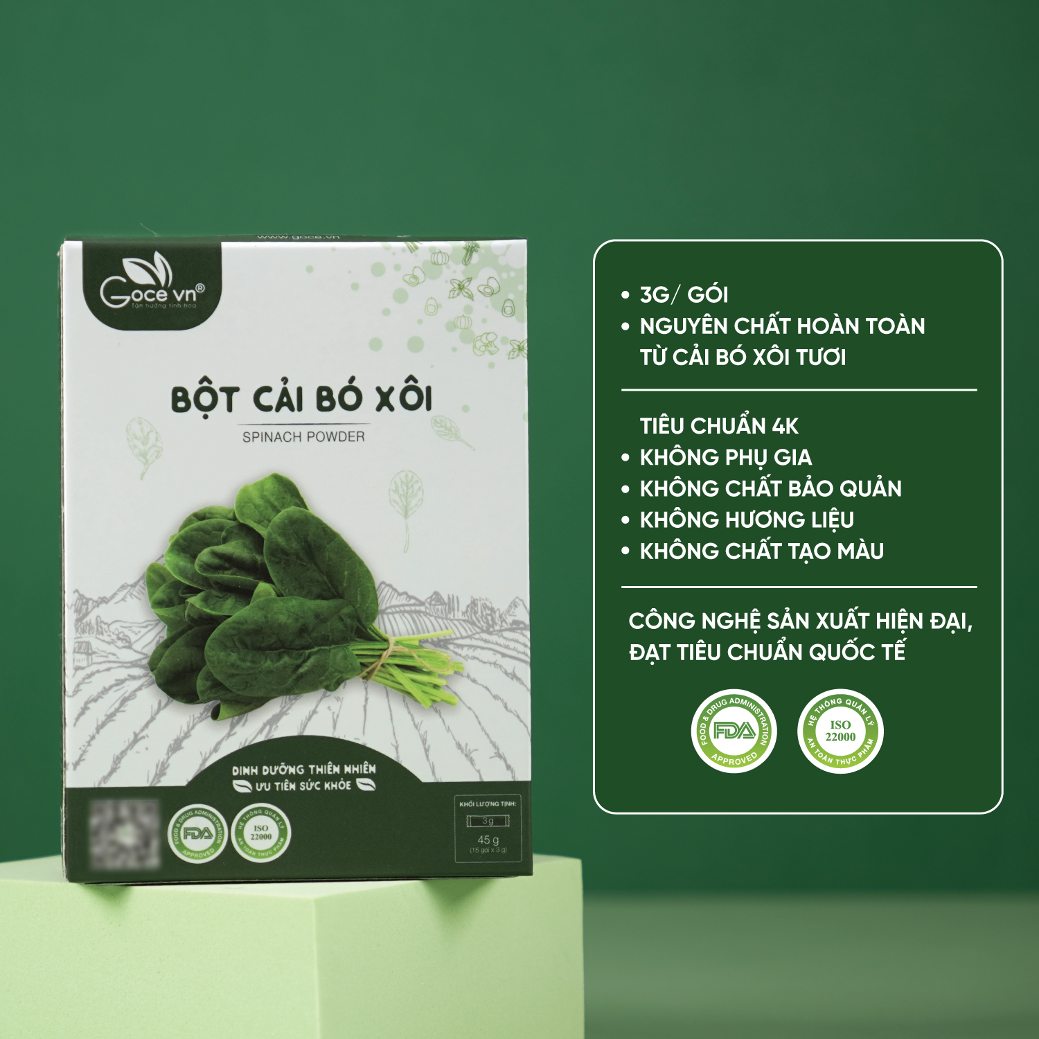 Bột cải bó xôi nguyên chất Goce (Rau Bina) - 45g (15 gói x 3g) ST