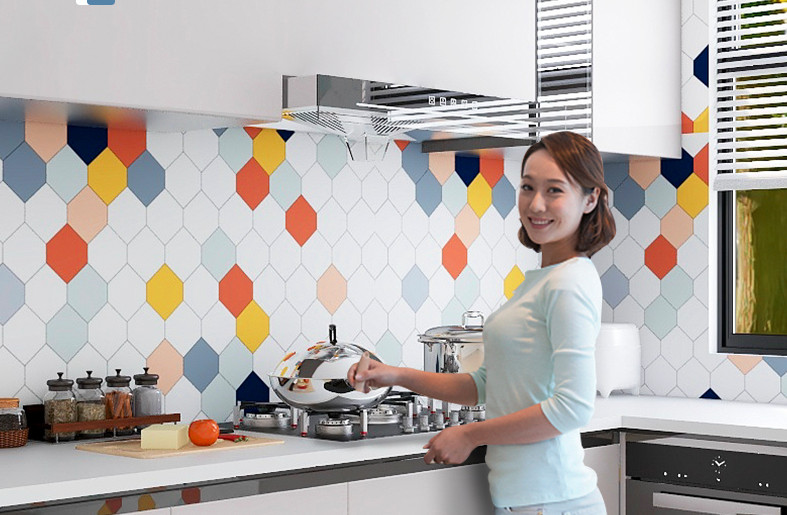 Decal dán bếp ô họa tiết lục giác sắc màu - lau chùi dễ dàng