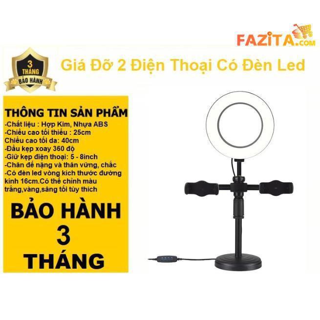 Giá Đỡ 2 Điện Thoại Có Đèn Led LiveStream, Kẹp Điện Thoại Để Bàn Quay Video Tiktok Có Đèn Led 3 Màu