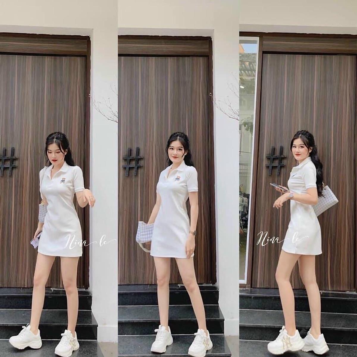 Đầm nữ dáng suông tay ngắn cổ  in hình gấu dễ thương 2 màu đen trắng from dưới 55kg