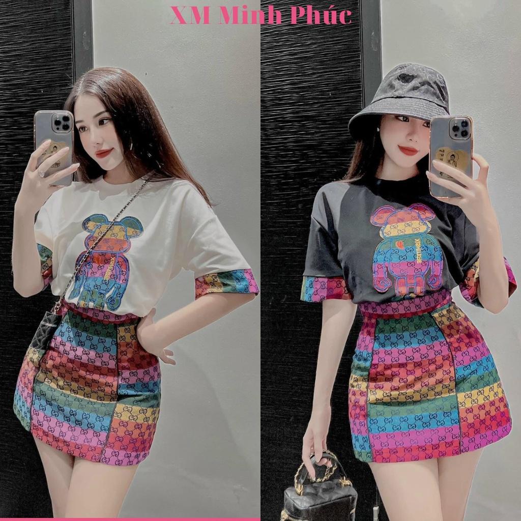 FREESHIP Set Bộ Nữ,áo Phông Thêu Họa Tiết Gấu Mix Chân Váy Tiểu Thư Dạo Phố Dự Tiệc Đi Biển Sang Chảnh DS