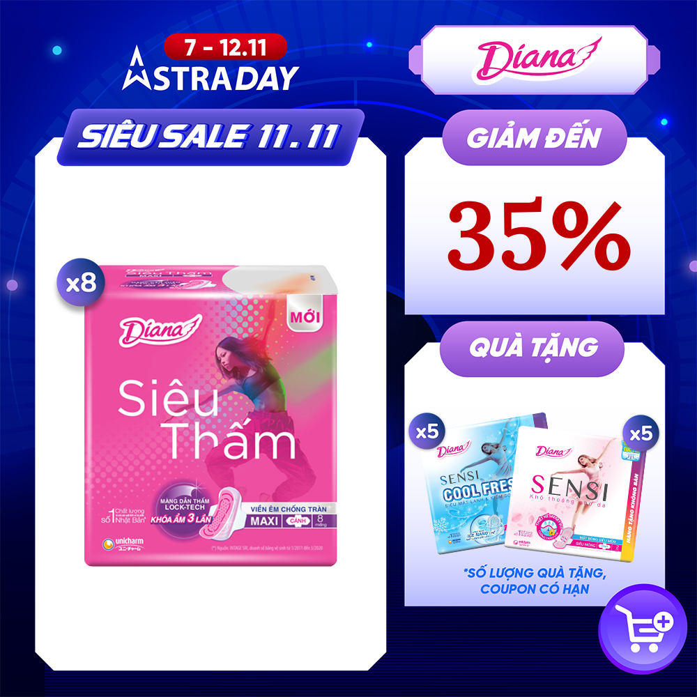 Bộ 8 băng vệ sinh Diana Siêu thấm Cánh 8 miếng