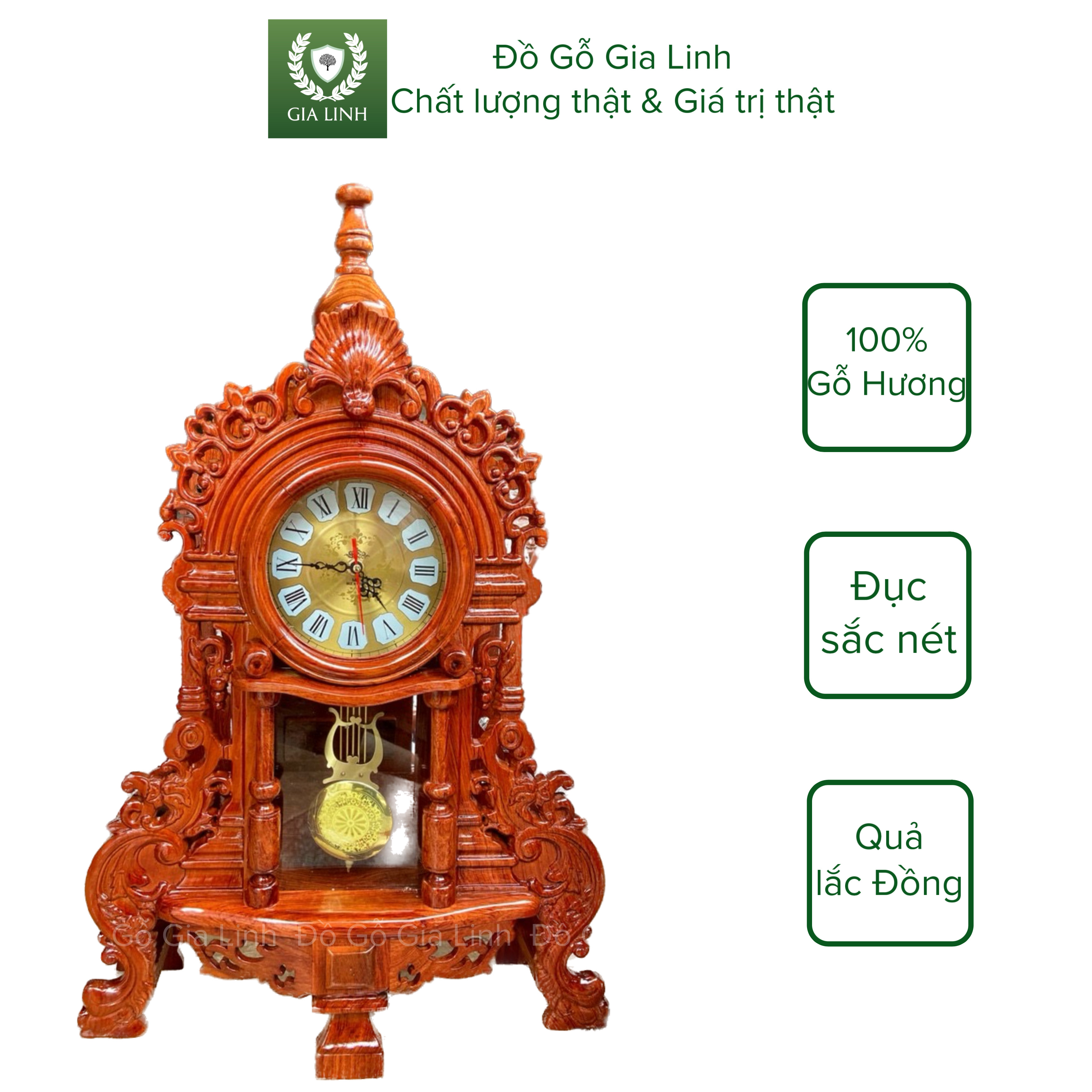 Đồng hồ quả lắc để bàn Đồ Gỗ Gia Linh gỗ Hương đá KT 70cm x 43cm x 15cm