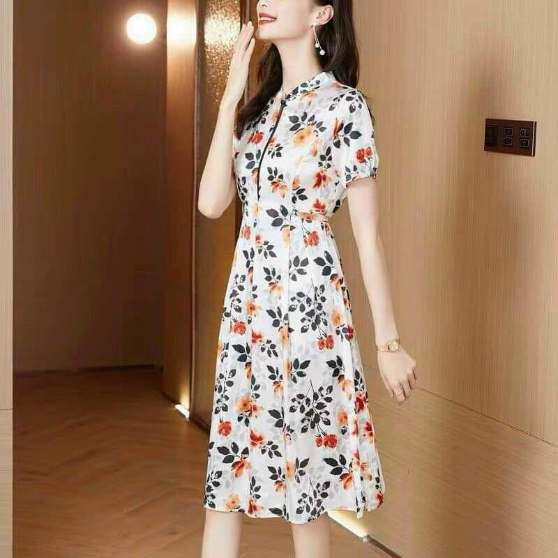 HÀNG NHẬP - ĐẦM XÒE LỤA HOA CAM CỔ TÀU