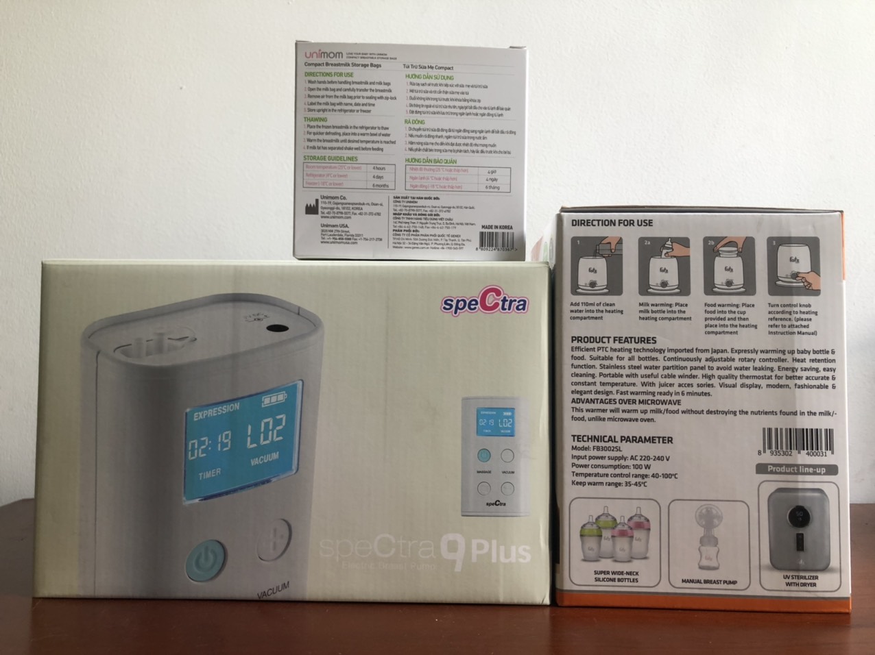 Combo máy hút sữa spectra 9 plus Hàn Quốc+máy hâm sữa fatz baby+30 túi trữ sữa unimom  Bảo hành 24 tháng chọn size phểu 16/20/24/28/32mm