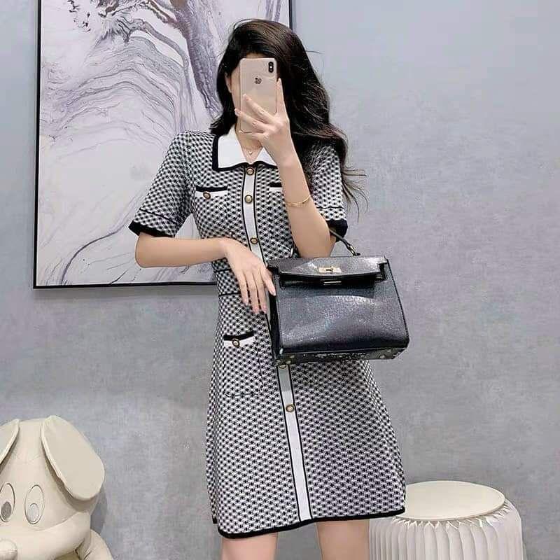 HÀNG NHẬP - ĐẦM LEN DỆT KIM HỌA TIẾT T ZICZAC PHỐI 4 TÚI