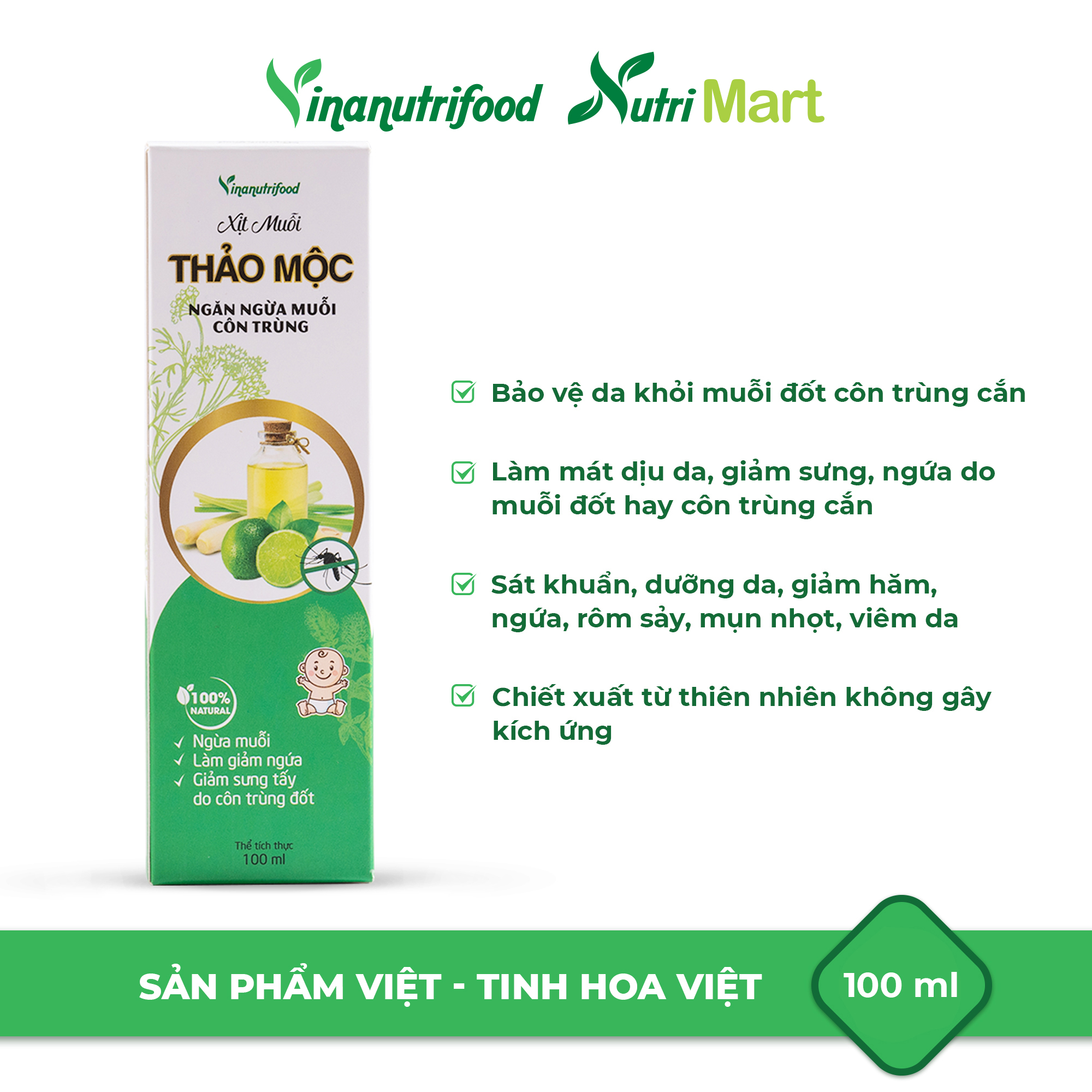 Xịt muỗi thảo mộc Vinanutrifood chiết xuất hoàn toàn từ các nguyên liệu tự nhiên, không hóa chất, an toàn cho cả trẻ nhỏ, bảo vệ da khỏi muỗi đốt, côn trùng cắn, làm mát, dịu da, giảm ngứa, dung tích 100ml