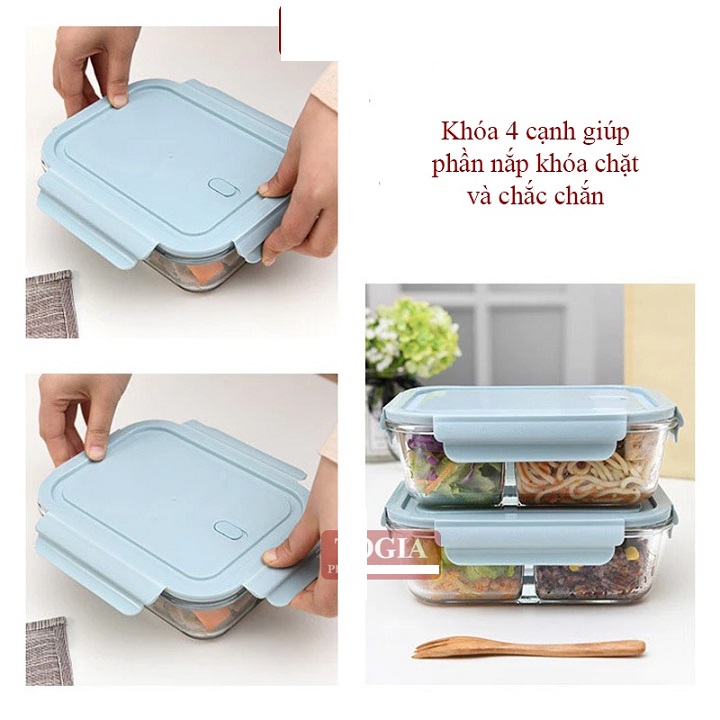 Hộp đựng cơm văn phòng bằng thủy tinh 1000ml 3 ngăn chống tràn dùng cho lò vi sóng