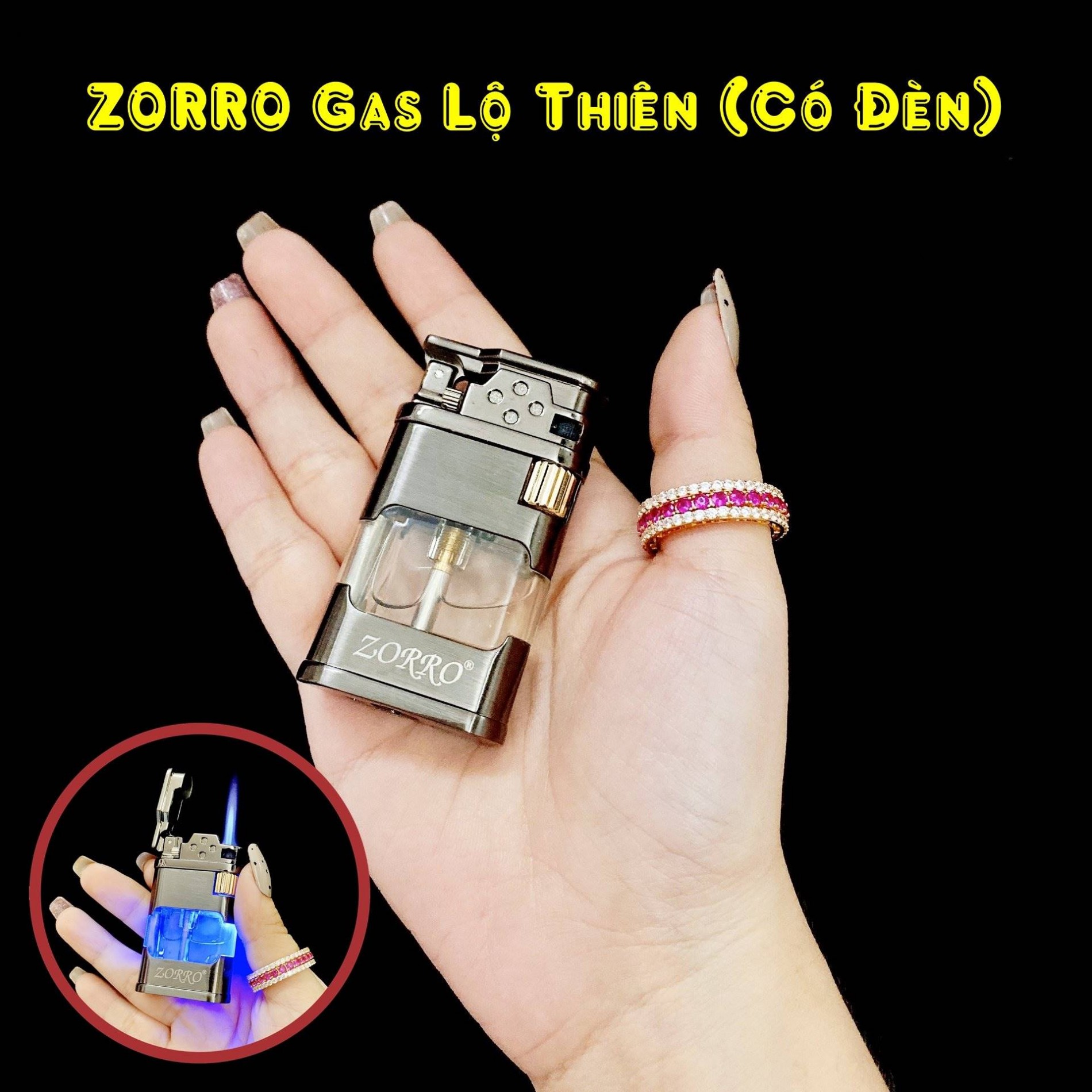 Hộp quẹt bật lửa Zorro gas lộ thiên (có đèn) - (xài gas)