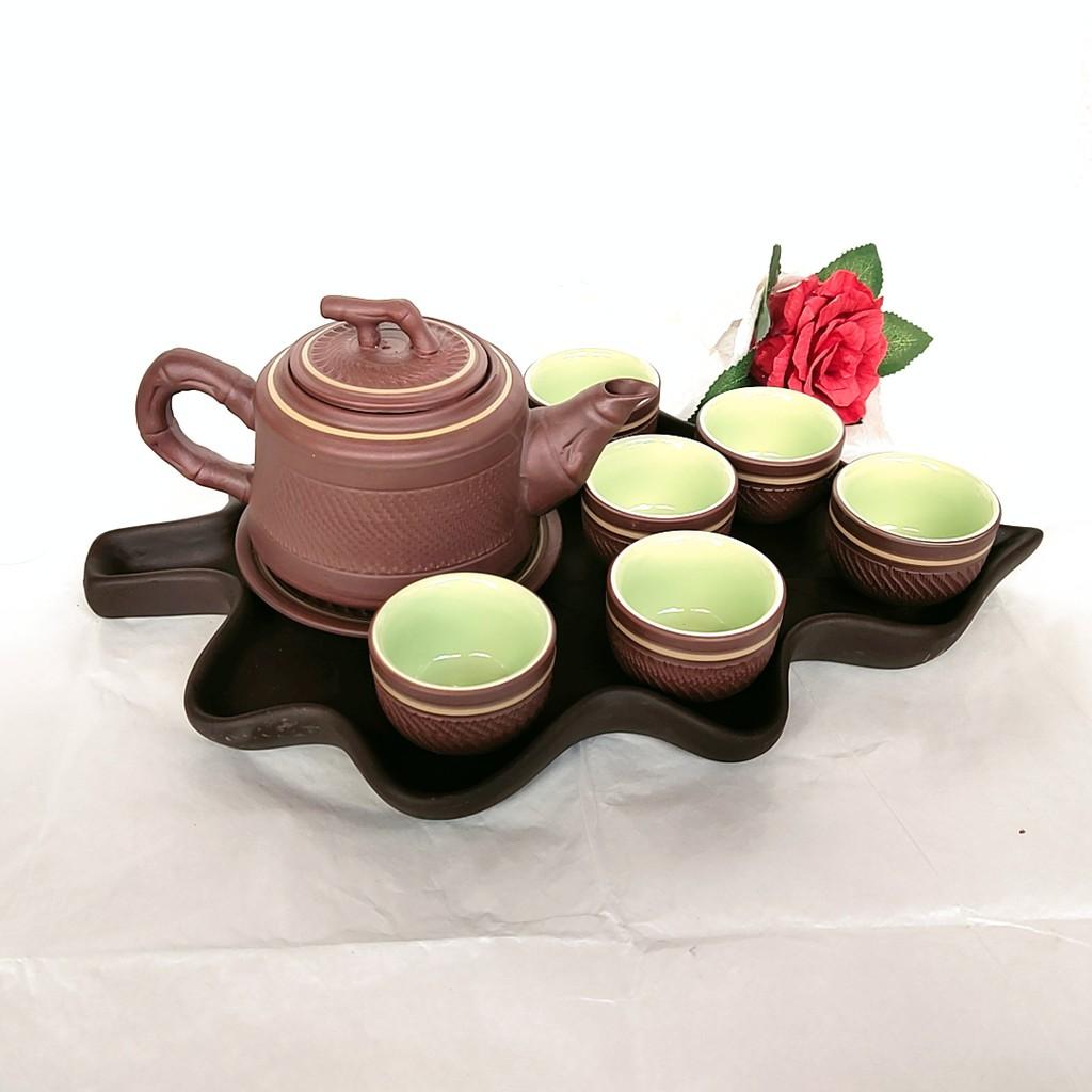 Gốm tử sa Bát Tràng - Bộ ấm chén tử sa quai trúc vai vuông khay hình lá tuyệt đẹp - Dung tích 350 ml