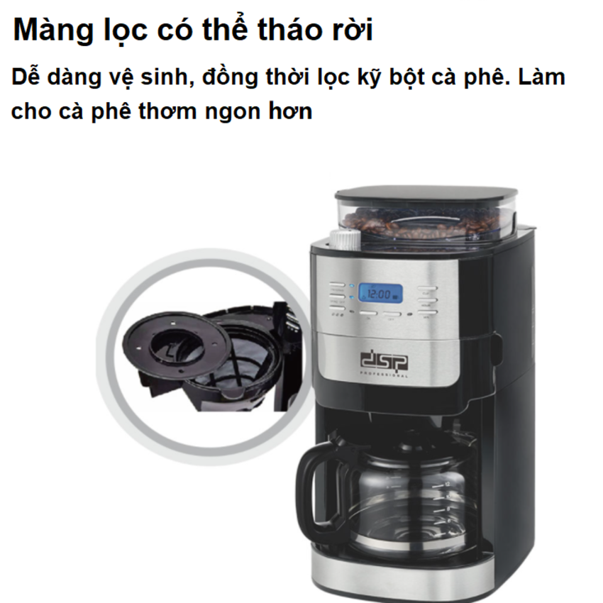Máy pha cà phê tự động 2 trong 1 kiêm xay hạt cà phê DSP KA3055 - Công suất 1000W - HÀNG NHẬP KHẨU