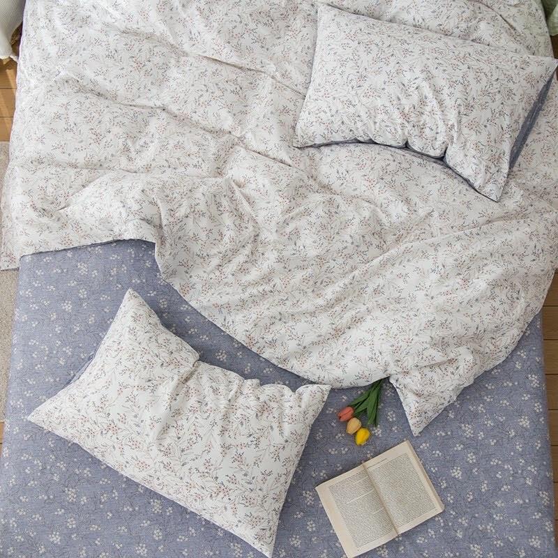 Bộ Chăn Ga Gối Cotton Living 100%cotton Hàng Nhập Khẩu Cao Cấp 4 Món Hoa Nhí Xanh Vintage