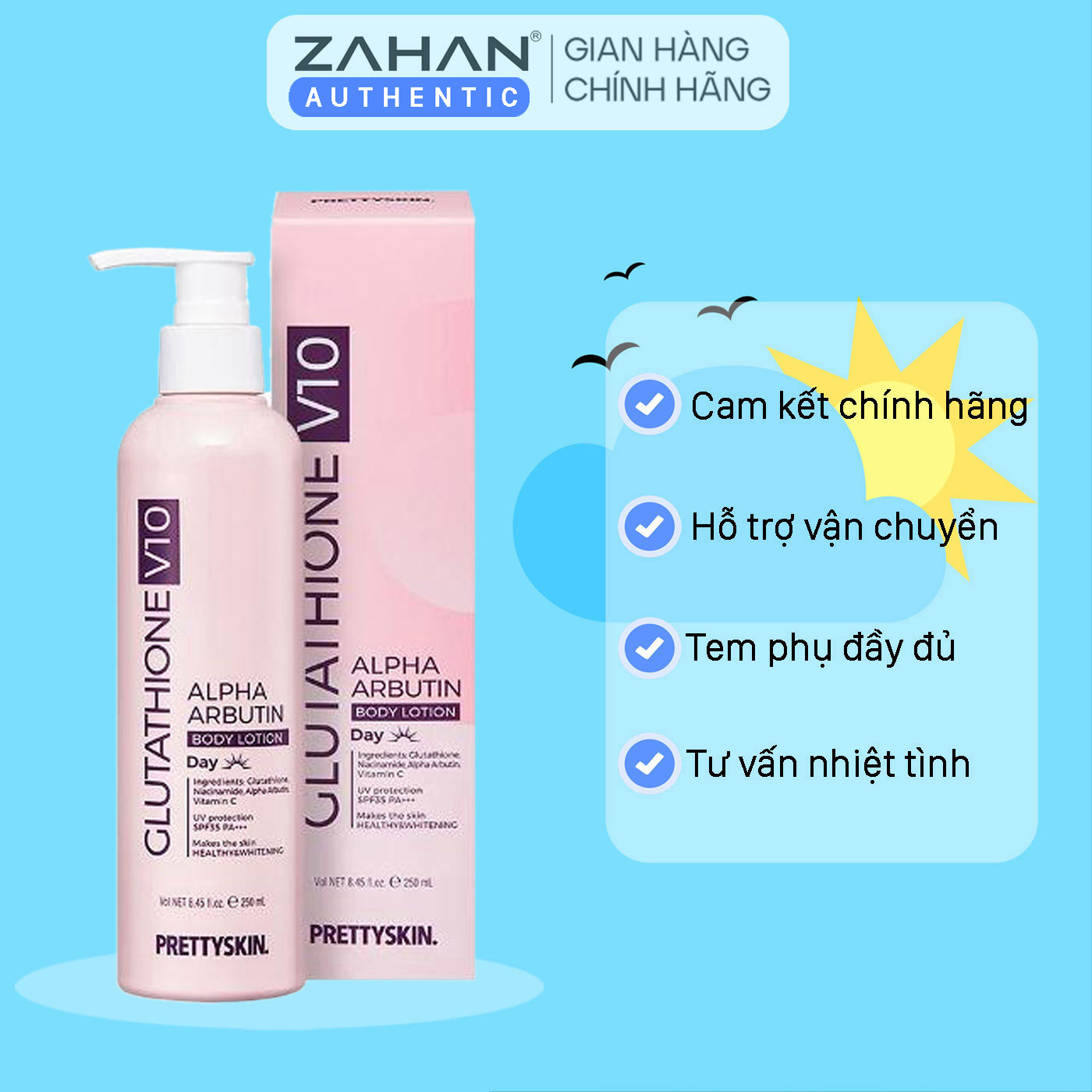 Kem body truyền trắng, chống nắng Glutathion V10 Prettyskin