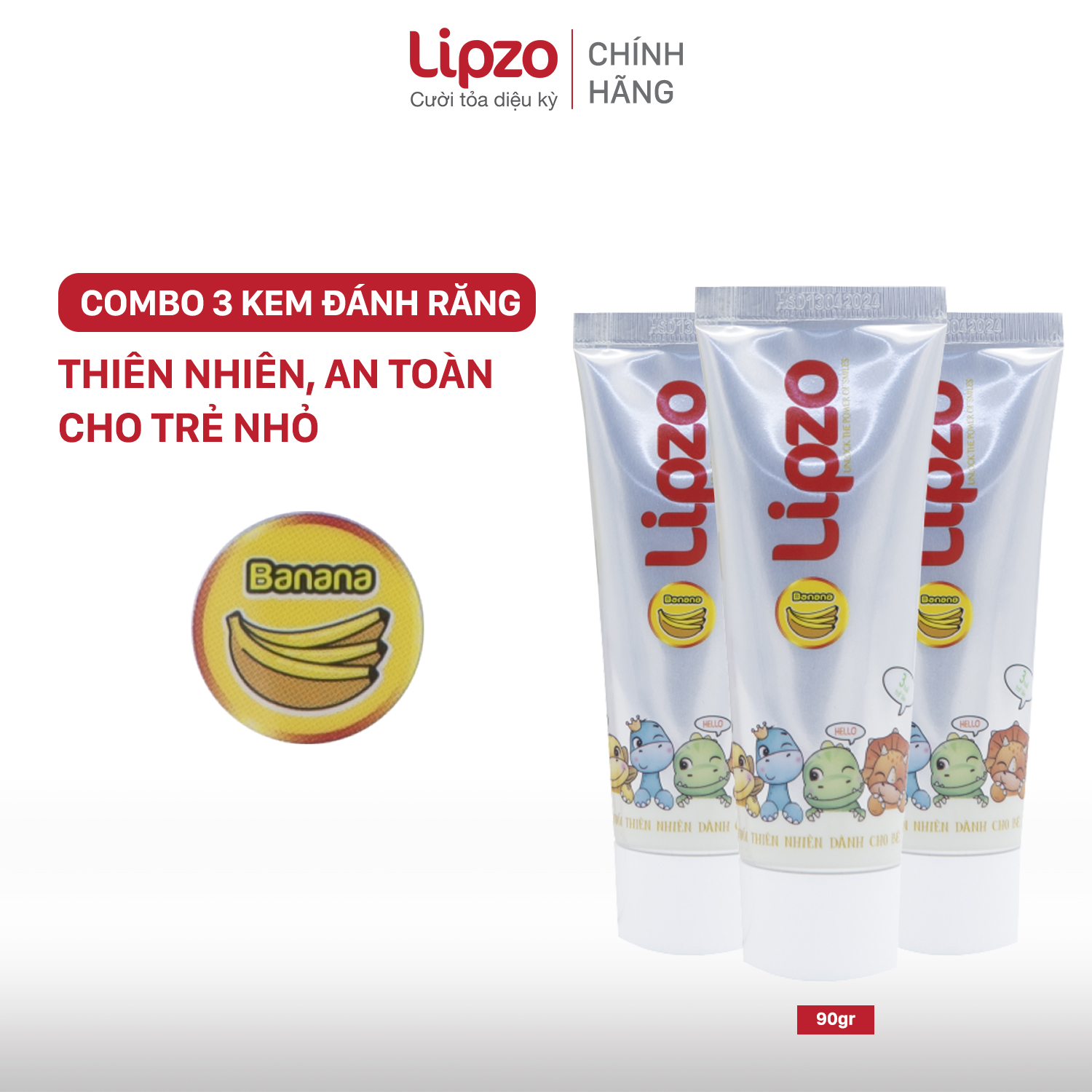 Combo 3 Kem Đánh Răng Trẻ Em LIPZO Vị Chuối Bảo Vệ Răng Sữa 75g Hữu Cơ Ngọt Thơm An Toàn Nuốt Được Dành Cho Trẻ Em Từ 3-10 Tuổi