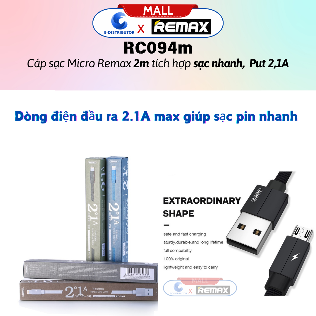 Cáp Sạc Micro Remax RC094M - Hàng Chính Hãng - Bảo Hành 12 Tháng