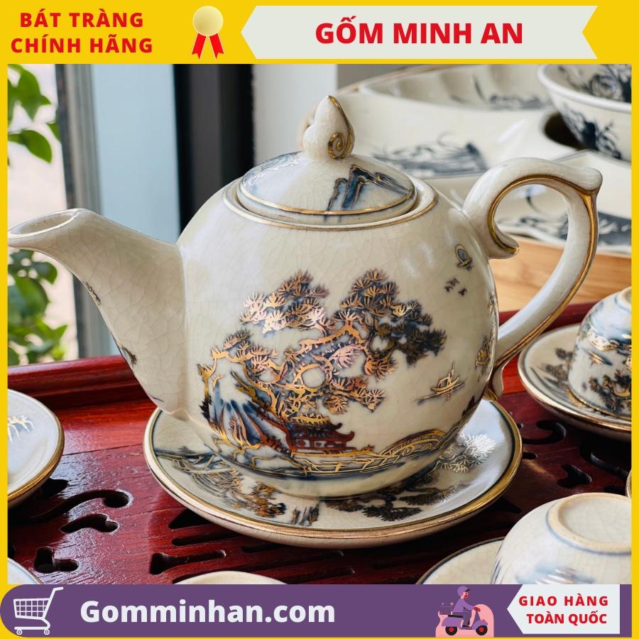 Bộ Ấm Trà Gốm Sứ Giả Cổ Vẽ Vàng Dáng Chóp Lửa Gốm Sứ Bát Tràng- Gốm Minh An- Bộ Ấm Trà Đẹp Sang