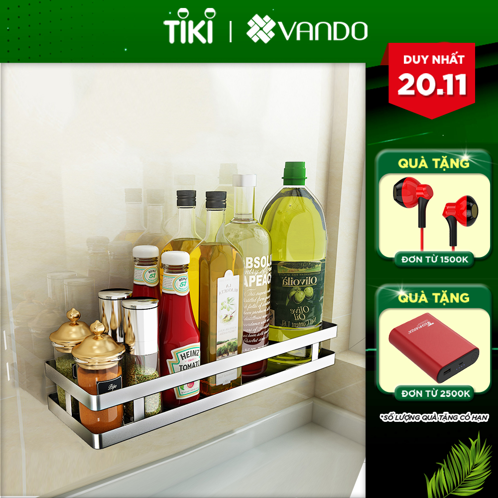 Kệ gia vị treo tường Inox cao cấp chống gỉ Vando, Kệ góc dán tường để đồ nhà bếp, nhà tắm đa năng siêu chịu lực