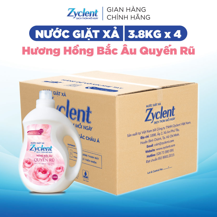 Thùng Nước Giặt Xả Zyclent Extra Hương Hồng Bắc Âu quyến rũ (3.8kg x 4 can)