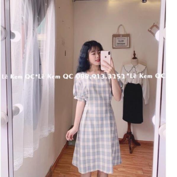Váy Kẻ Caro Váy Cổ Vuông Tay Bồng Vintage Có Thắt Eo ! *