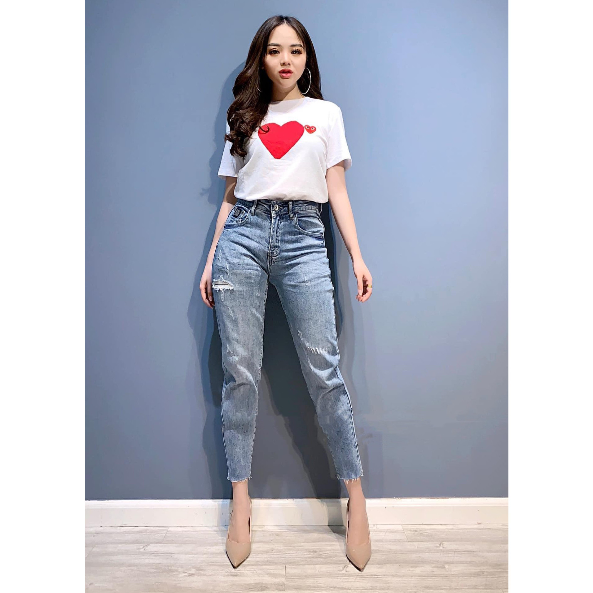 Quần jean nữ dài 9 tấc dành cho BIG SIZE lưng cao, tua lai, rách kiểu vá đăp co dãn mạnh 3599